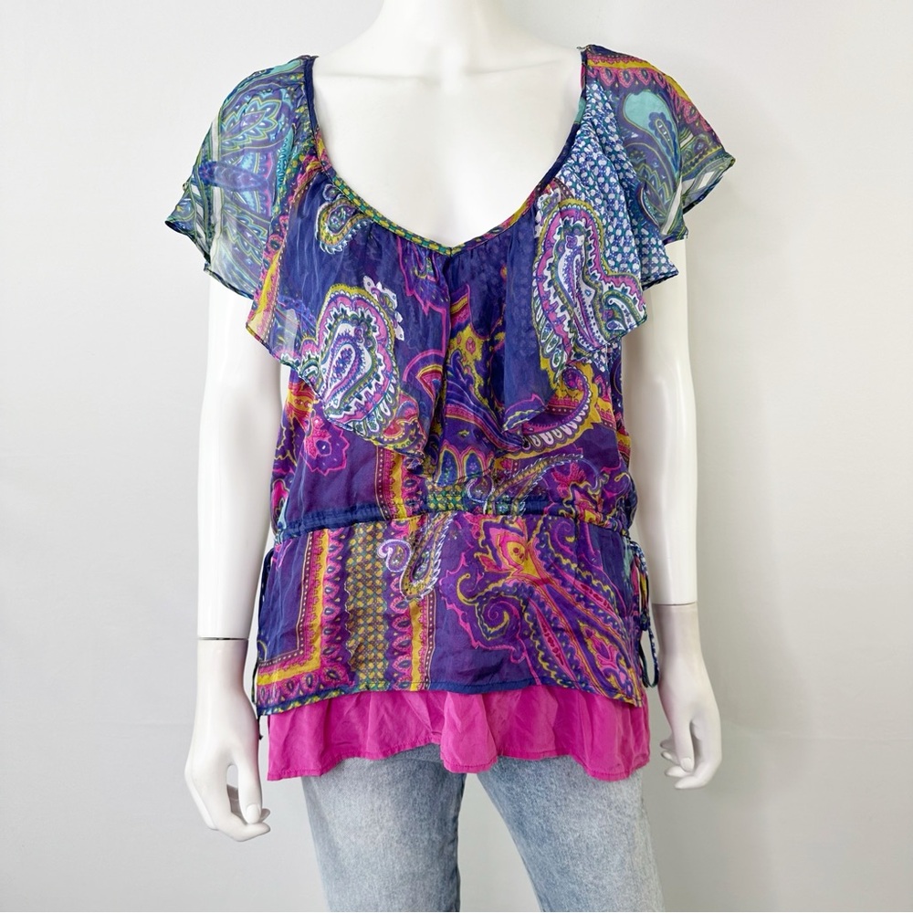 Postella Colorful Silk Blouse Top Size S V-Neck Short Sleeve Ruffles Summer